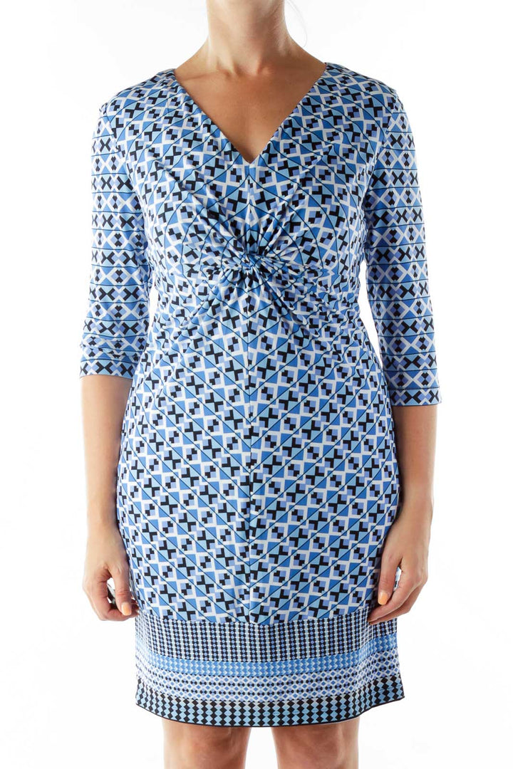 Blue Geometric Print V-neck Dress