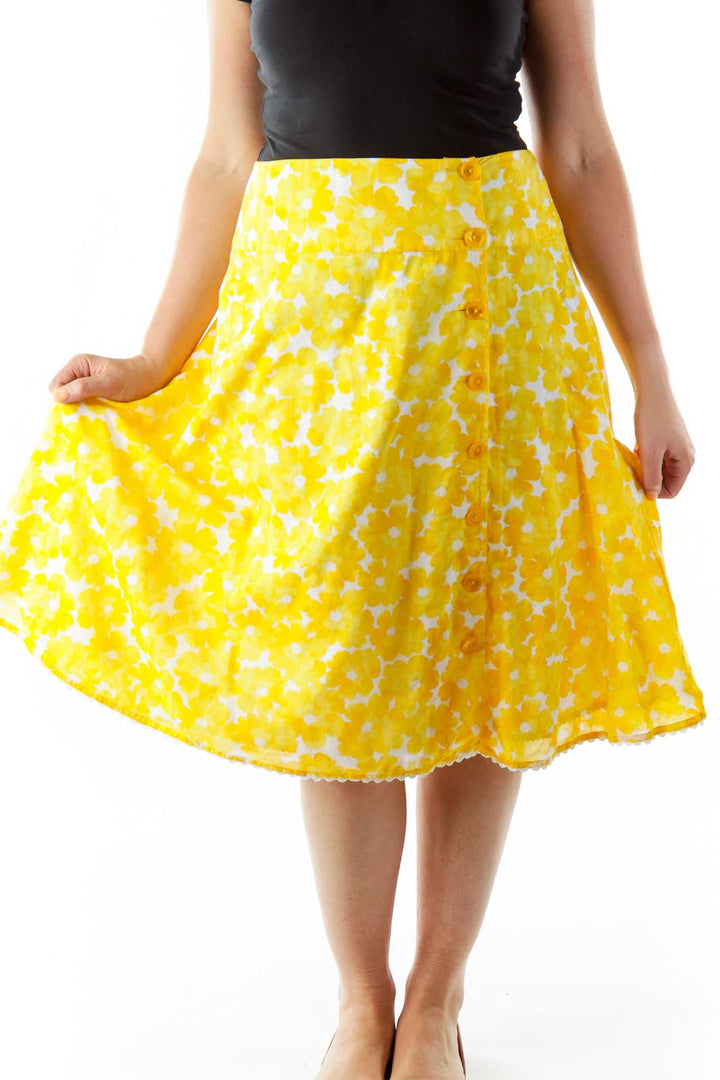 Yellow White Floral Buttoned Flared Skirt