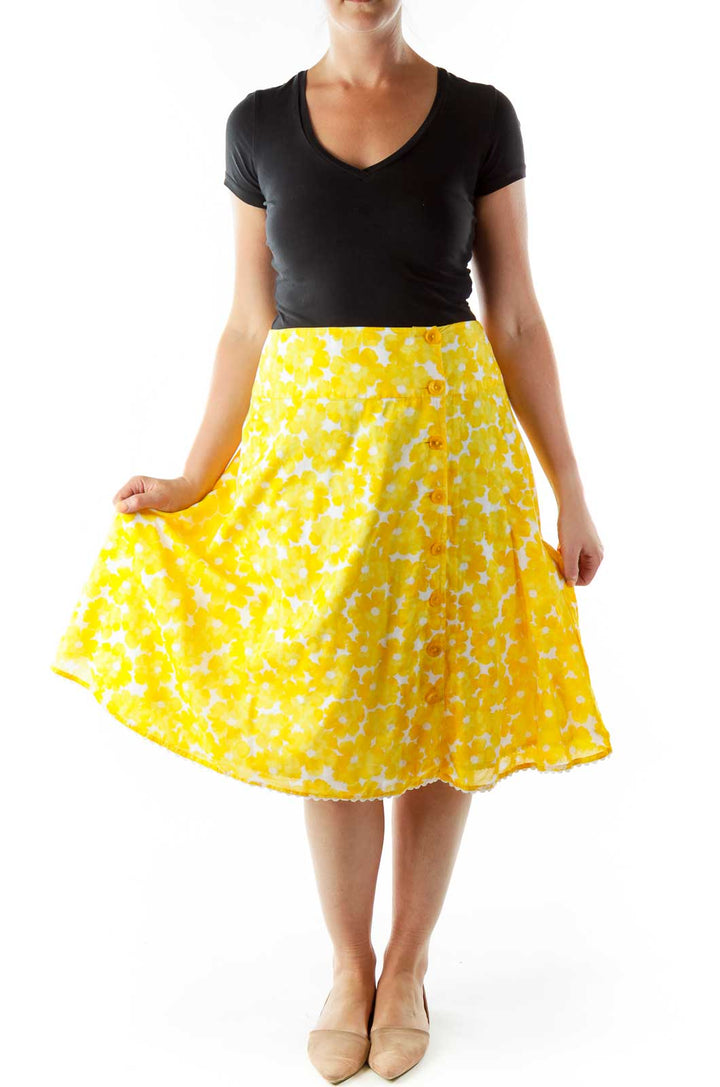 Yellow White Floral Buttoned Flared Skirt