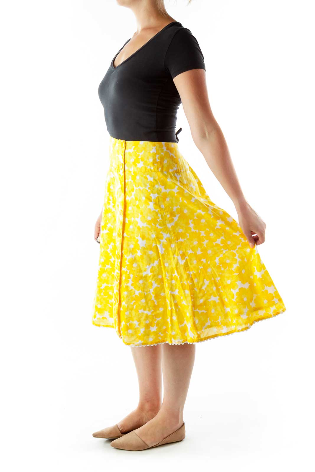 Yellow White Floral Buttoned Flared Skirt