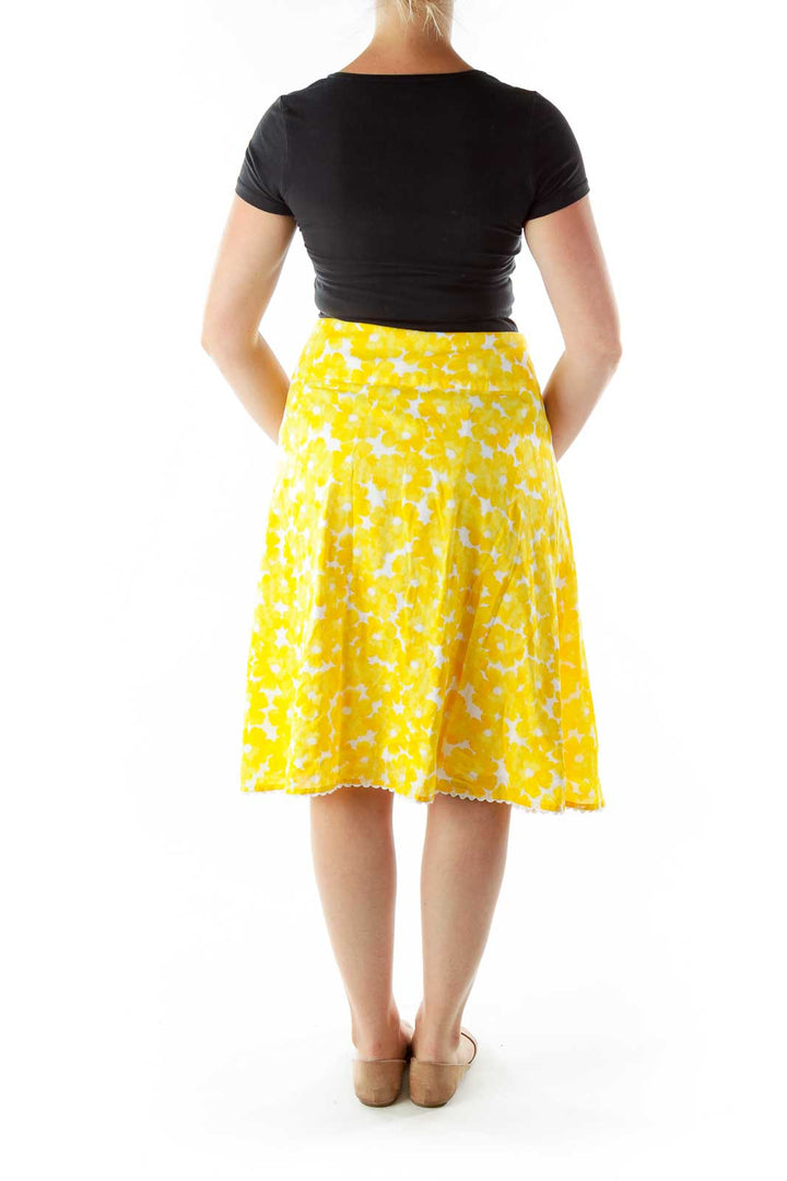 Yellow White Floral Buttoned Flared Skirt