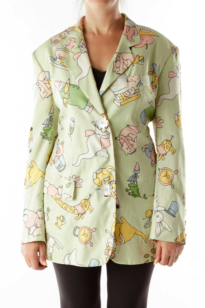 Green Cartoon Flower Buttons Designer Blazer