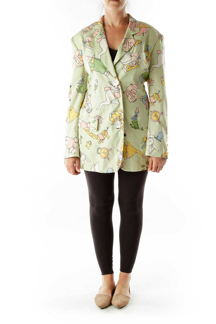 Green Cartoon Flower Buttons Designer Blazer