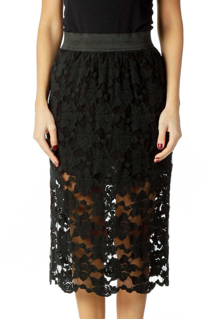 Front view of Free People black lace midi skirt with floral pattern