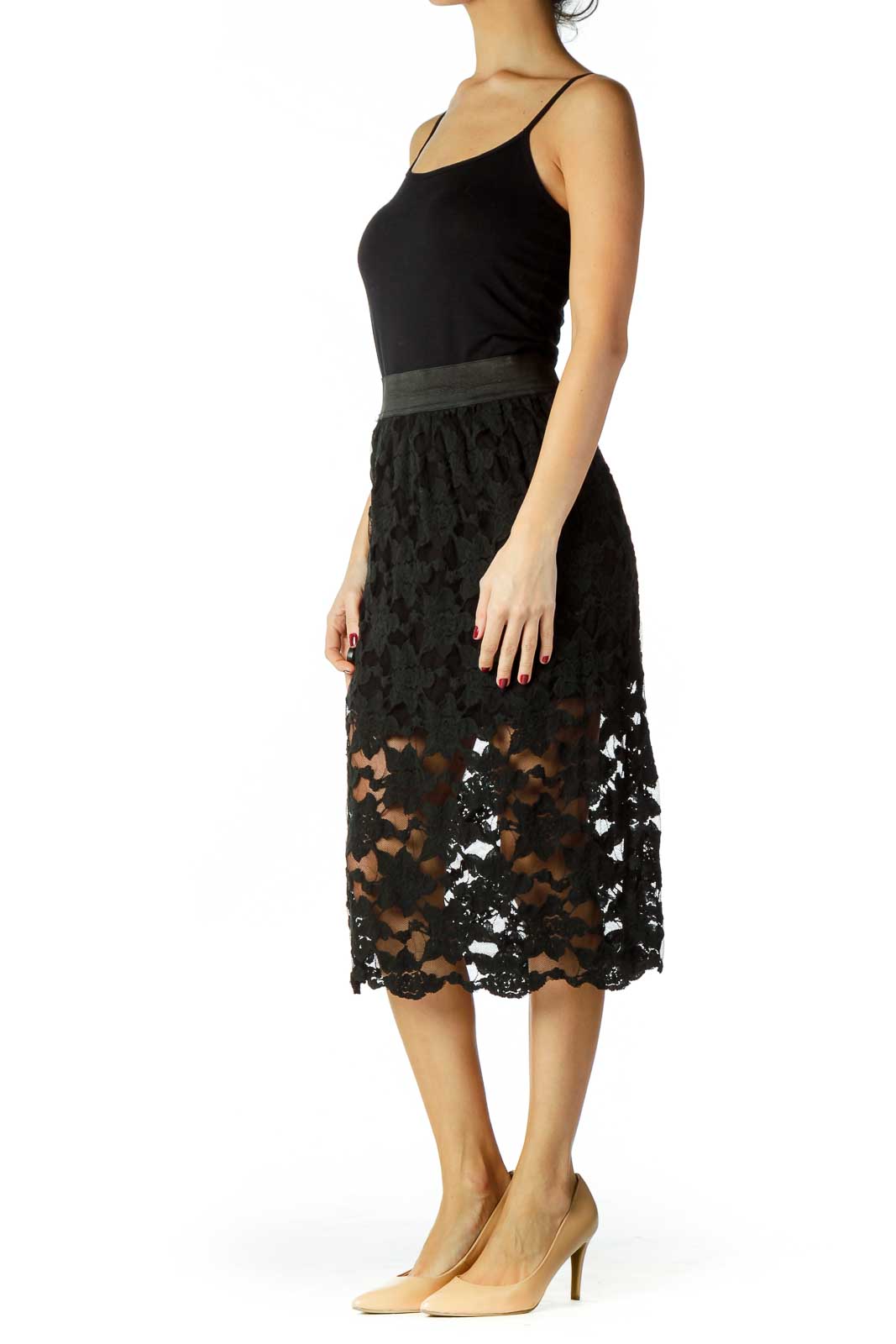 Front view of Free People black lace midi skirt with floral pattern