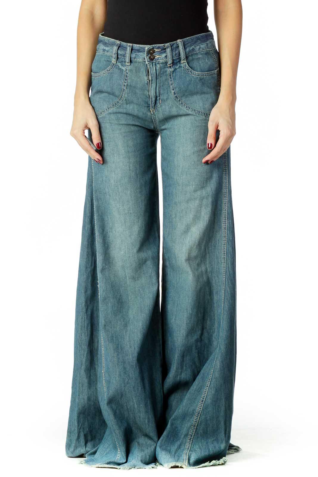 Front view of Free People light blue wide-leg denim pants