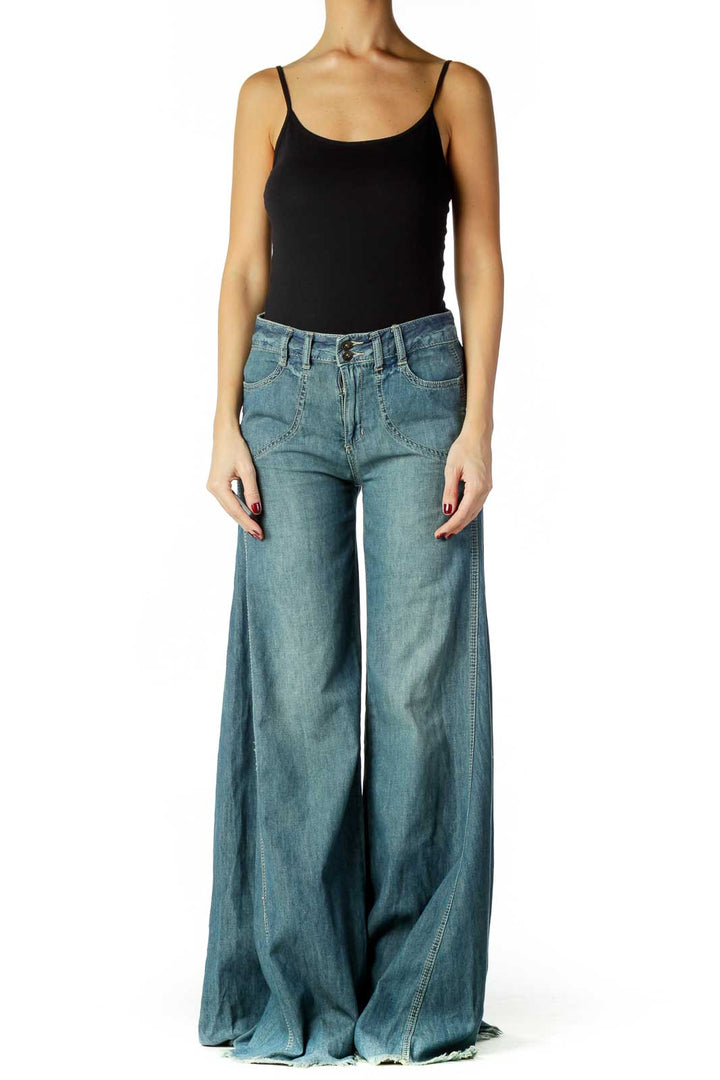 Front view of Free People light blue wide-leg denim pants