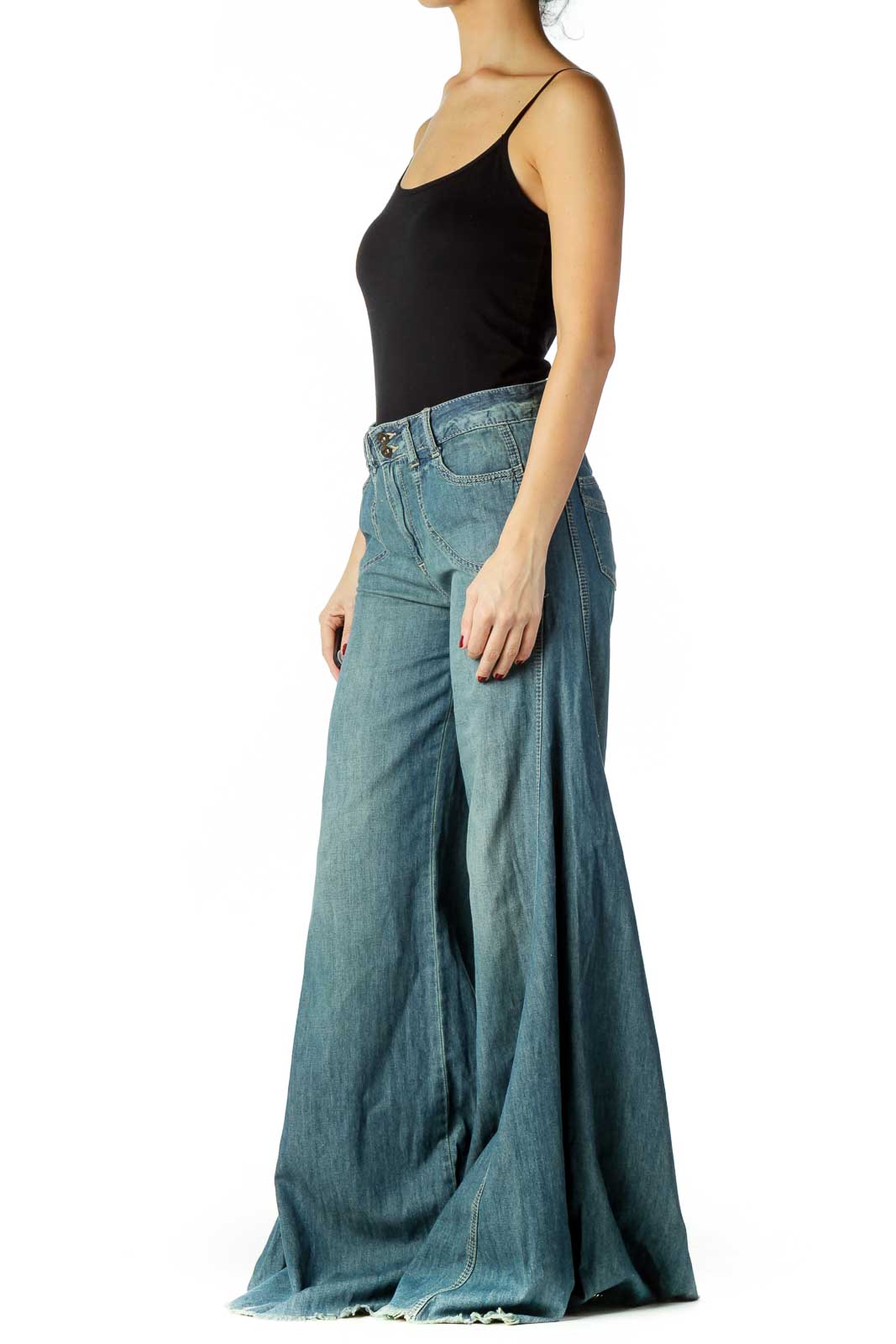 Front view of Free People light blue wide-leg denim pants