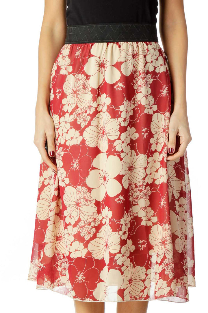 Red Beige Flower Print Skirt