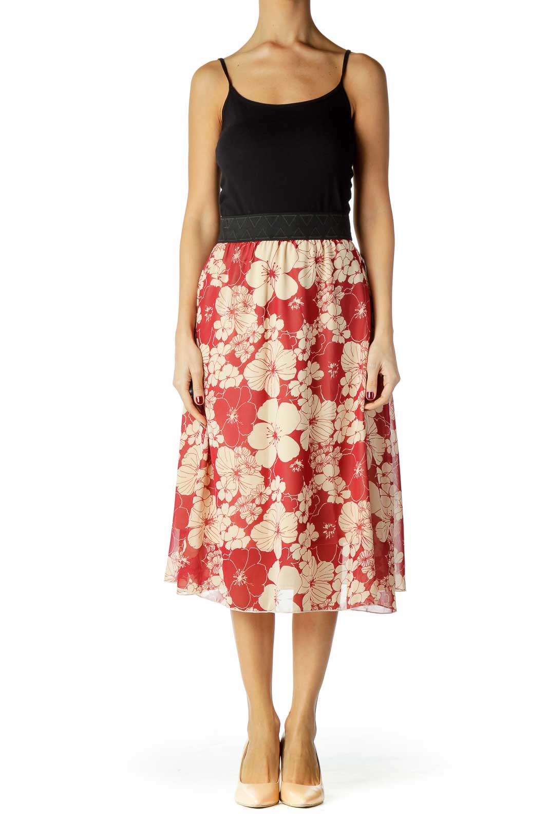 Red Beige Flower Print Skirt