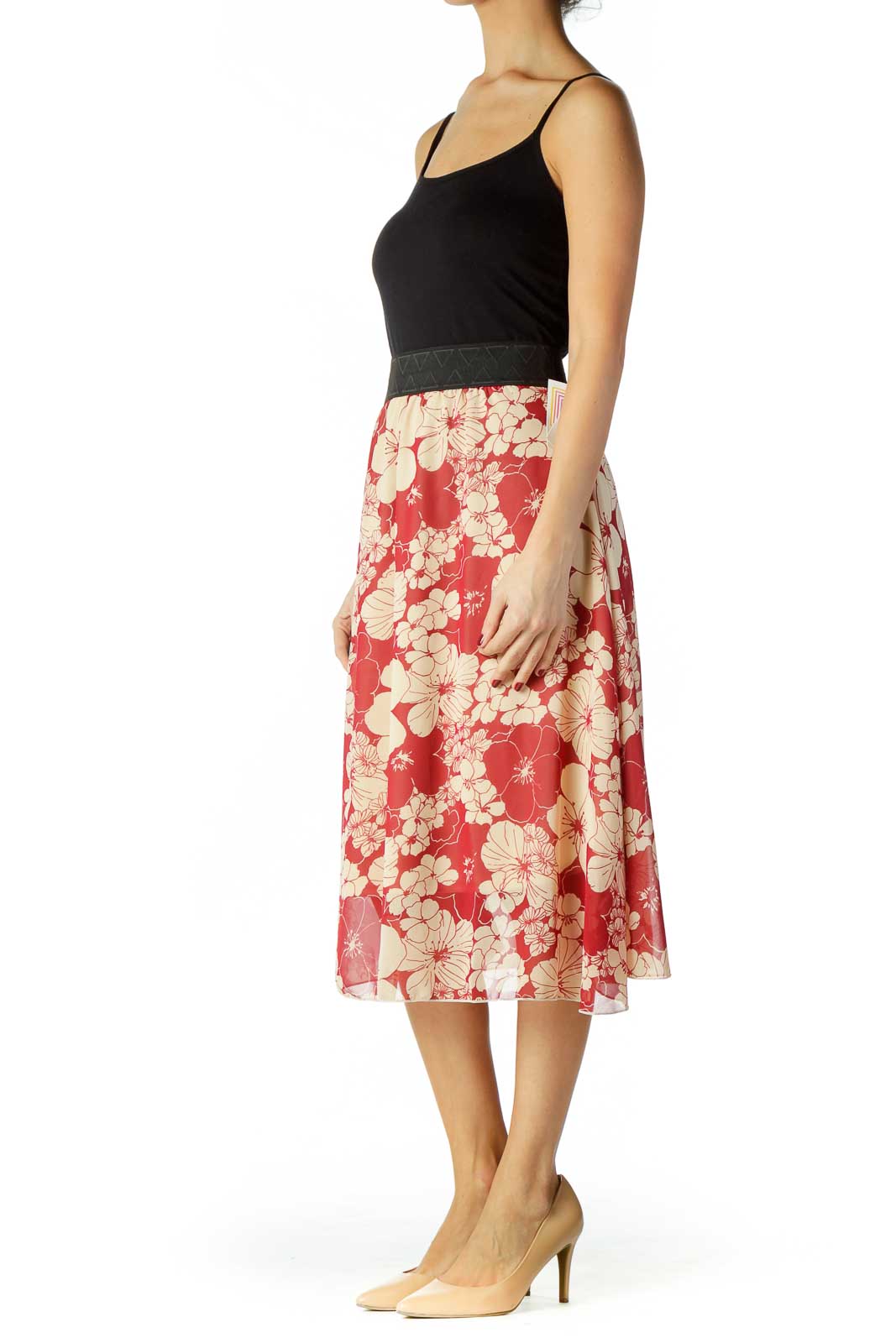 Red Beige Flower Print Skirt