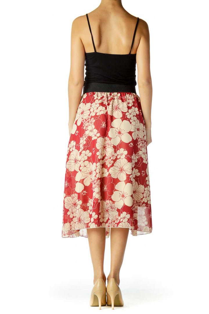 Red Beige Flower Print Skirt