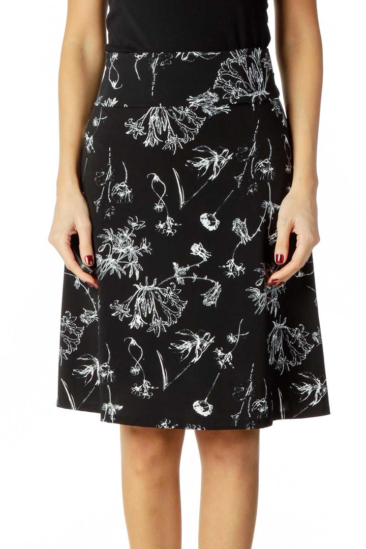 Black White Flower Print Skirt