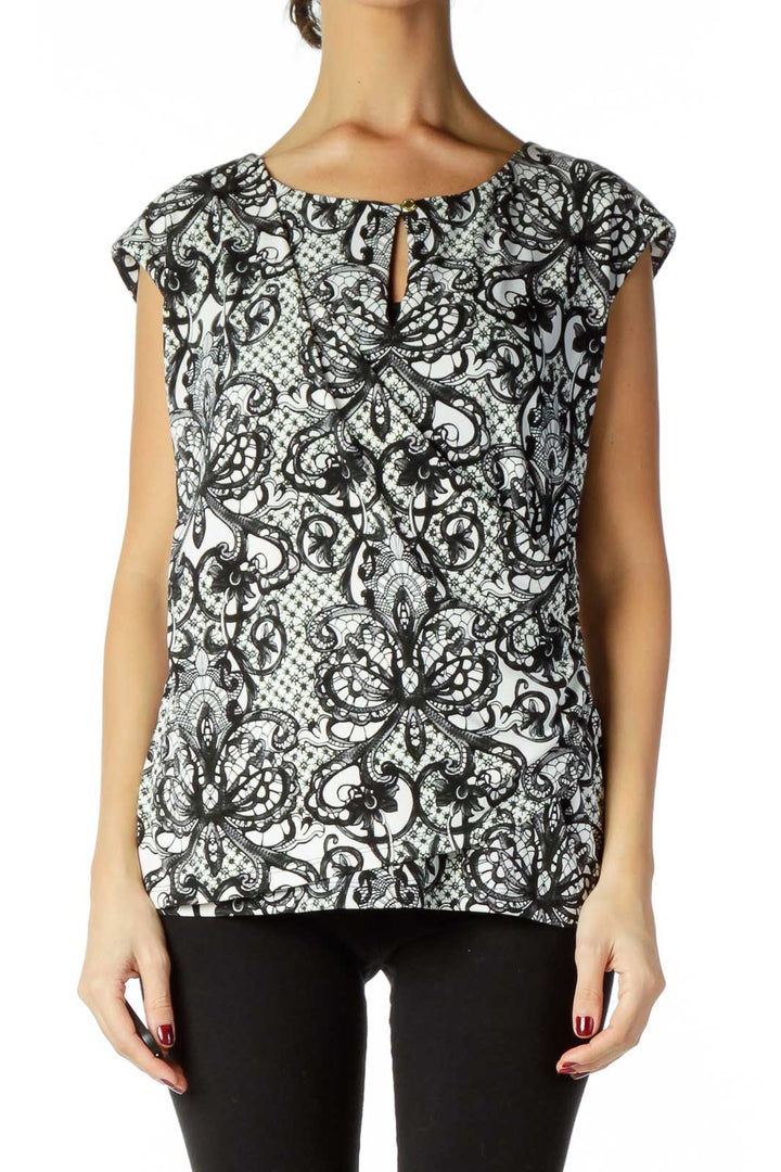 Black White Lace Print Blouse