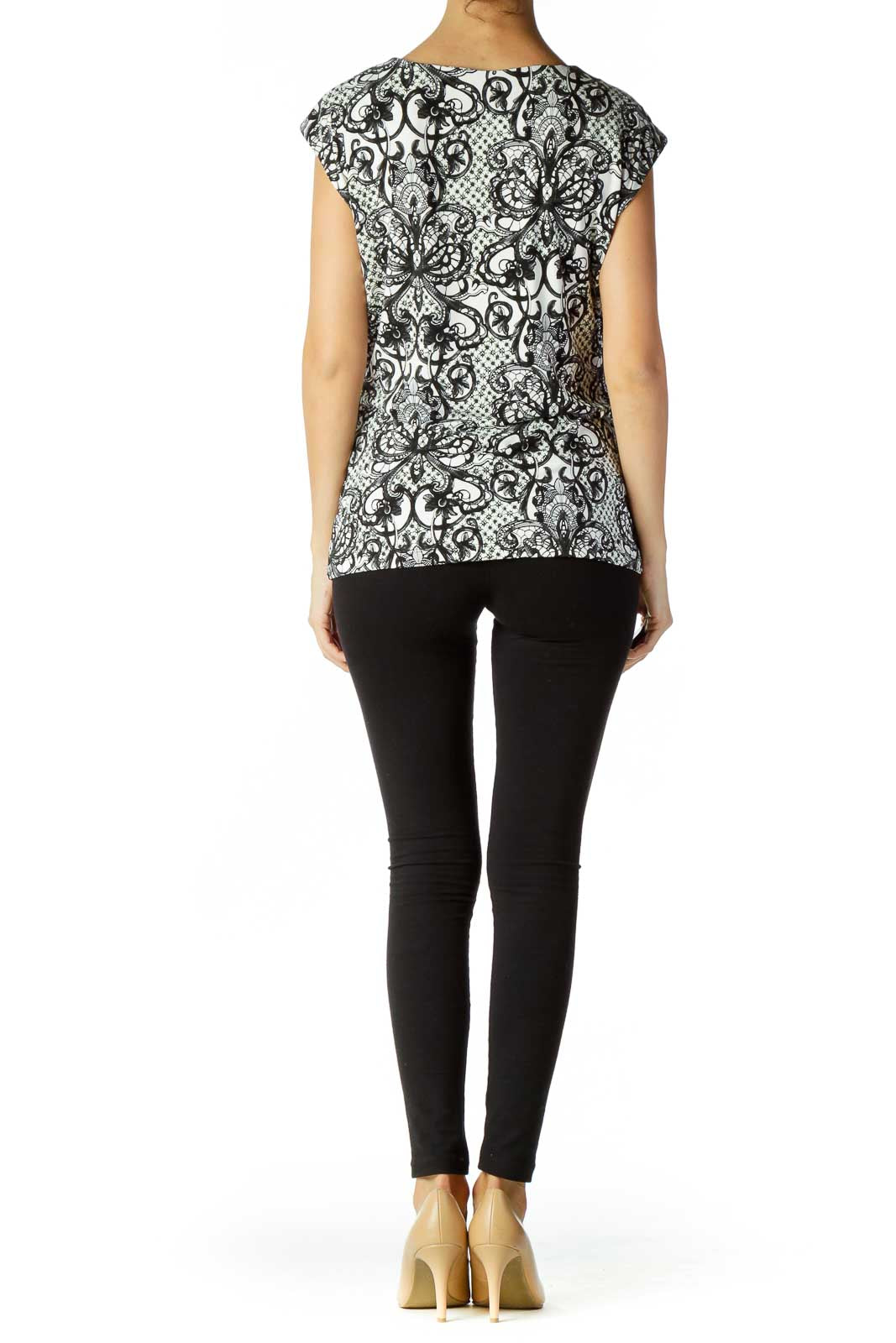 Black White Lace Print Blouse