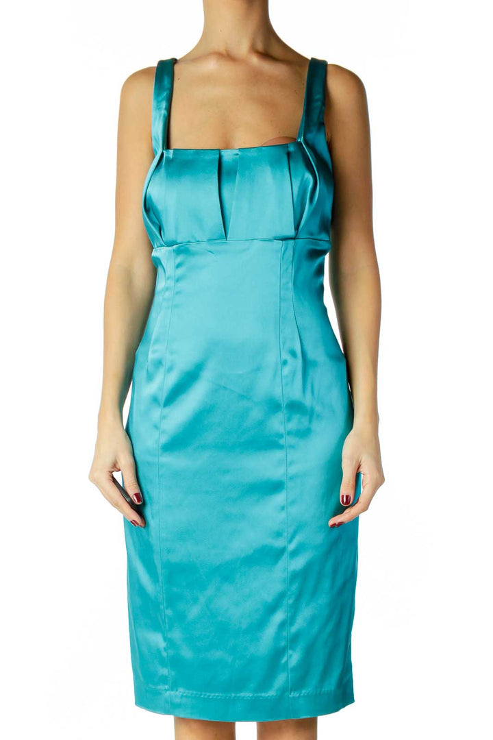 Turquoise Satin Sheath Cocktail Dress