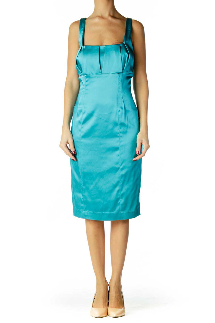 Turquoise Satin Sheath Cocktail Dress