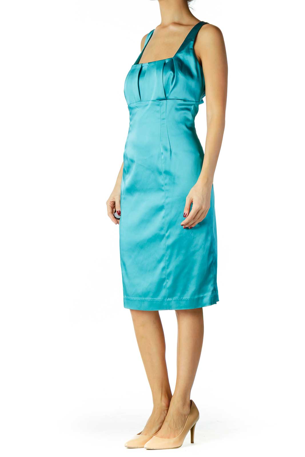 Turquoise Satin Sheath Cocktail Dress