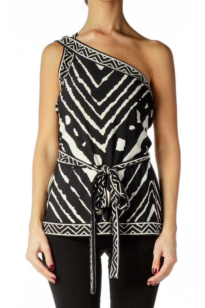 Black Cream Print One Shoulder Top