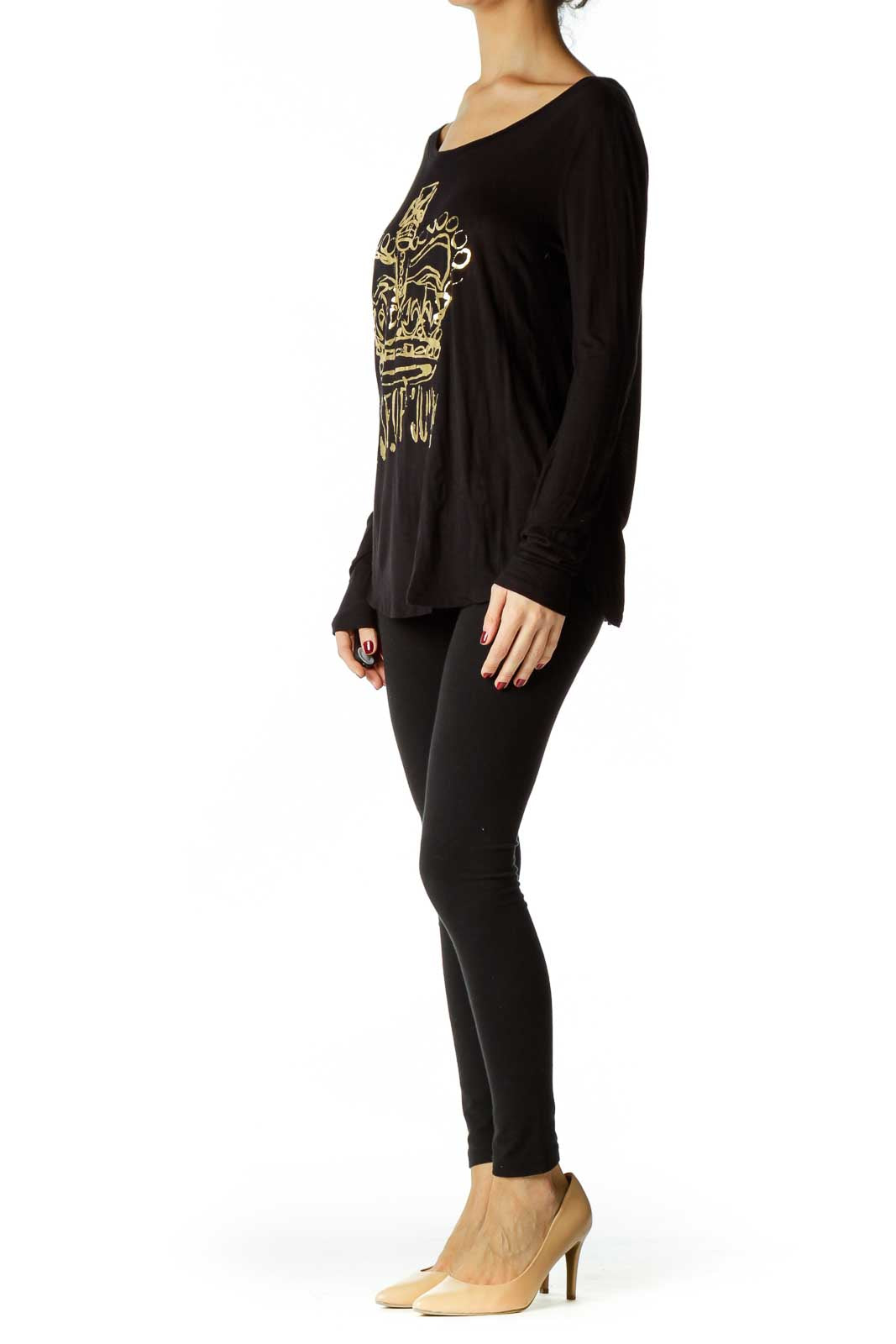 Black Loose Long Sleeve Print Shirt