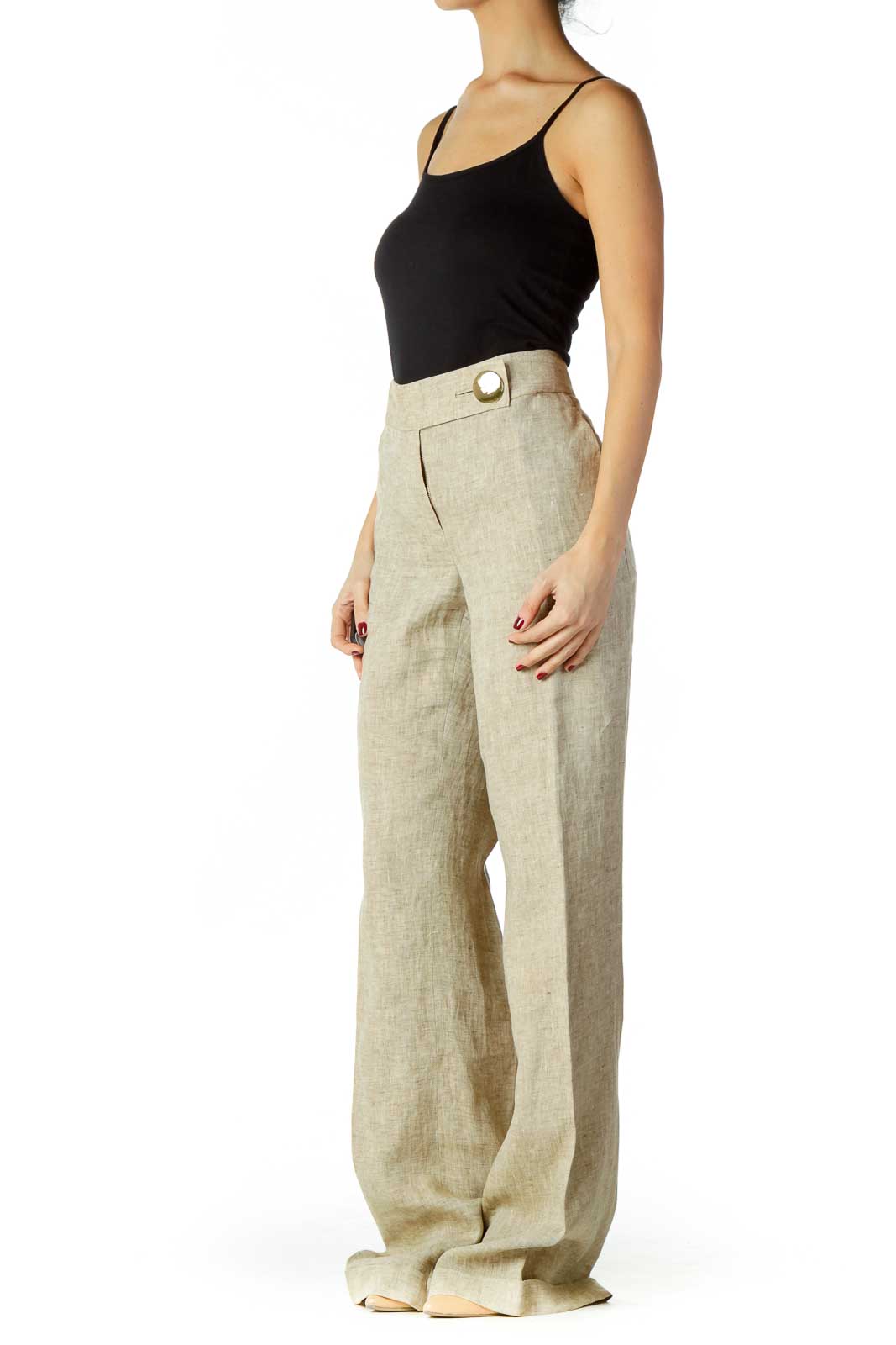 Beige Linen Wide-Leg Slacks