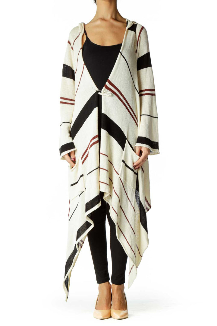 Cream Red Black Striped Knit Cardigan