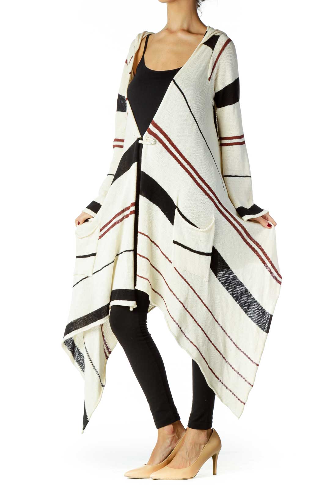 Cream Red Black Striped Knit Cardigan