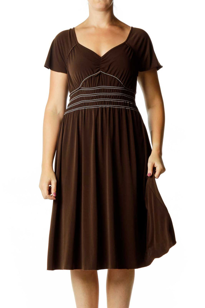 Brown White Ruched Waist Dress