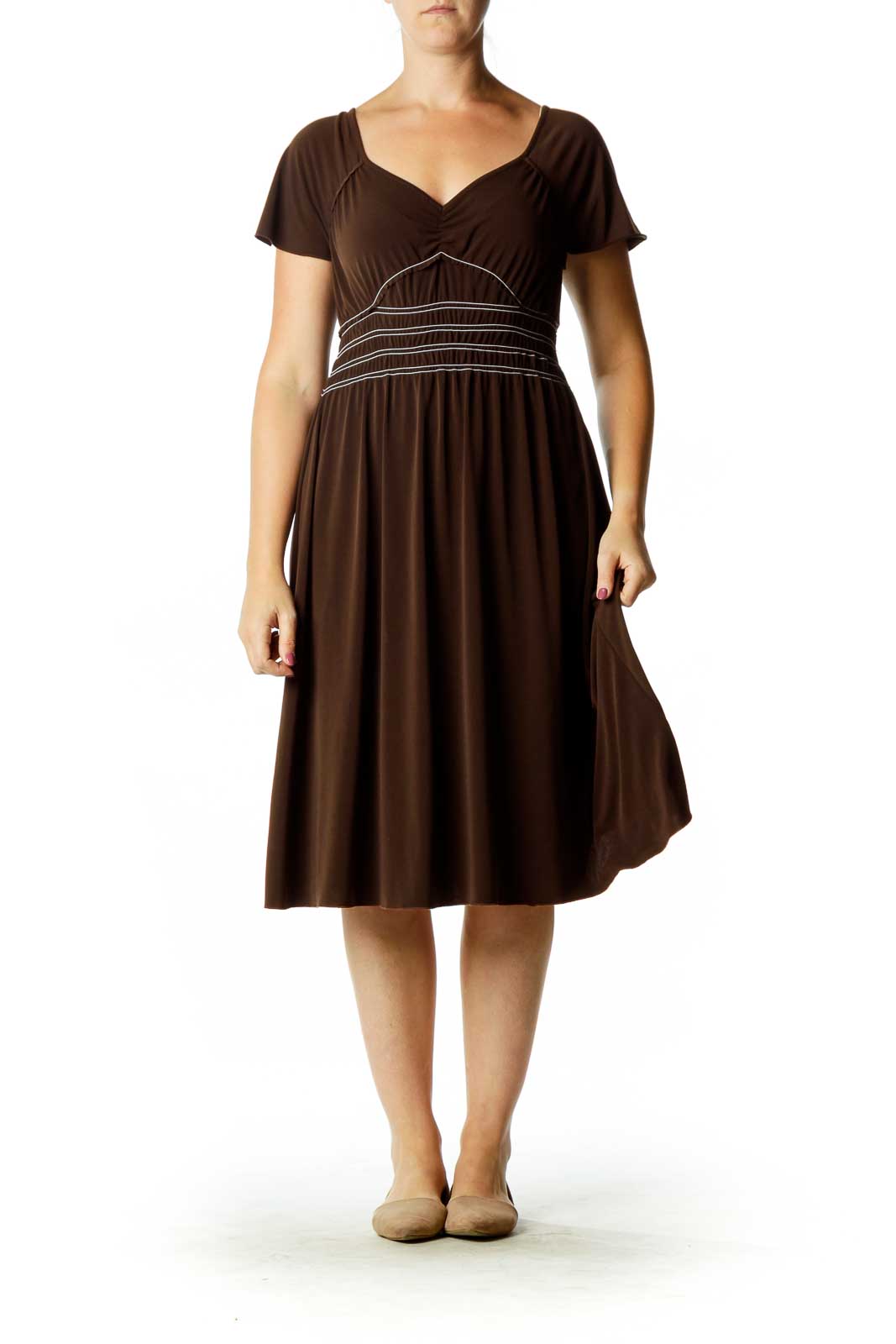 Brown White Ruched Waist Dress