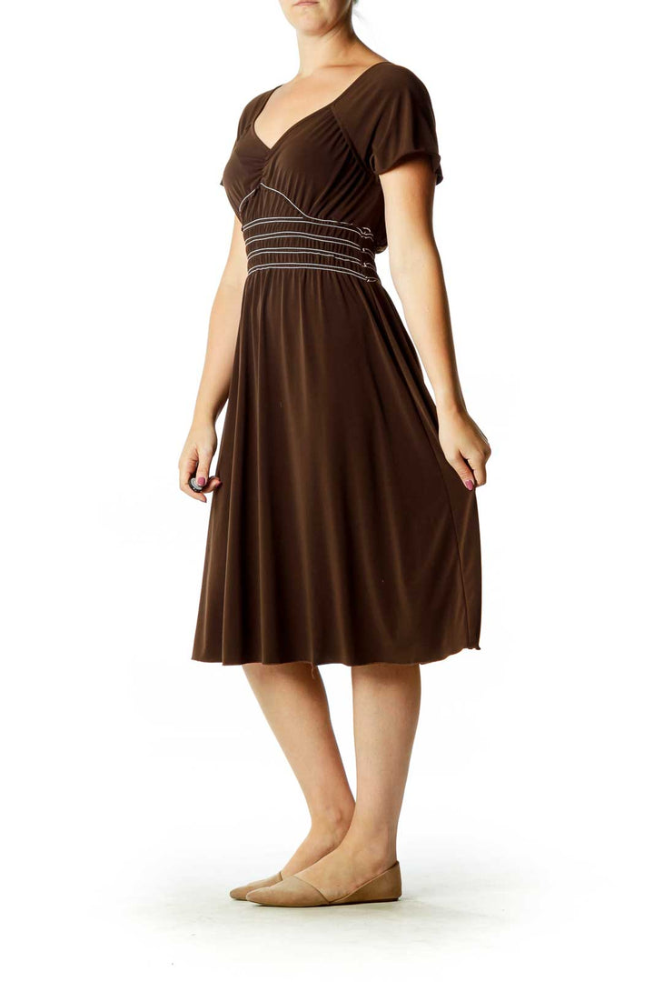 Brown White Ruched Waist Dress