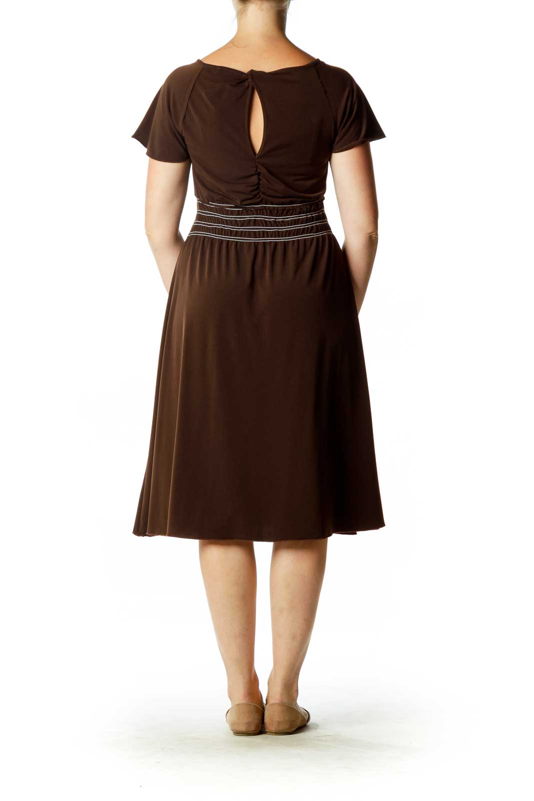 Brown White Ruched Waist Dress