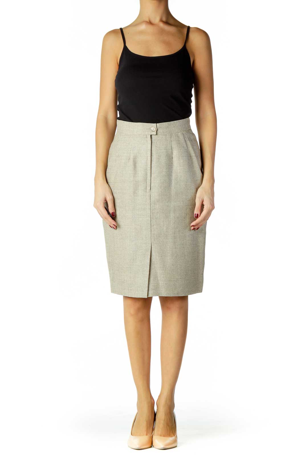 Gray Beige Houndstooth Pencil Skirt