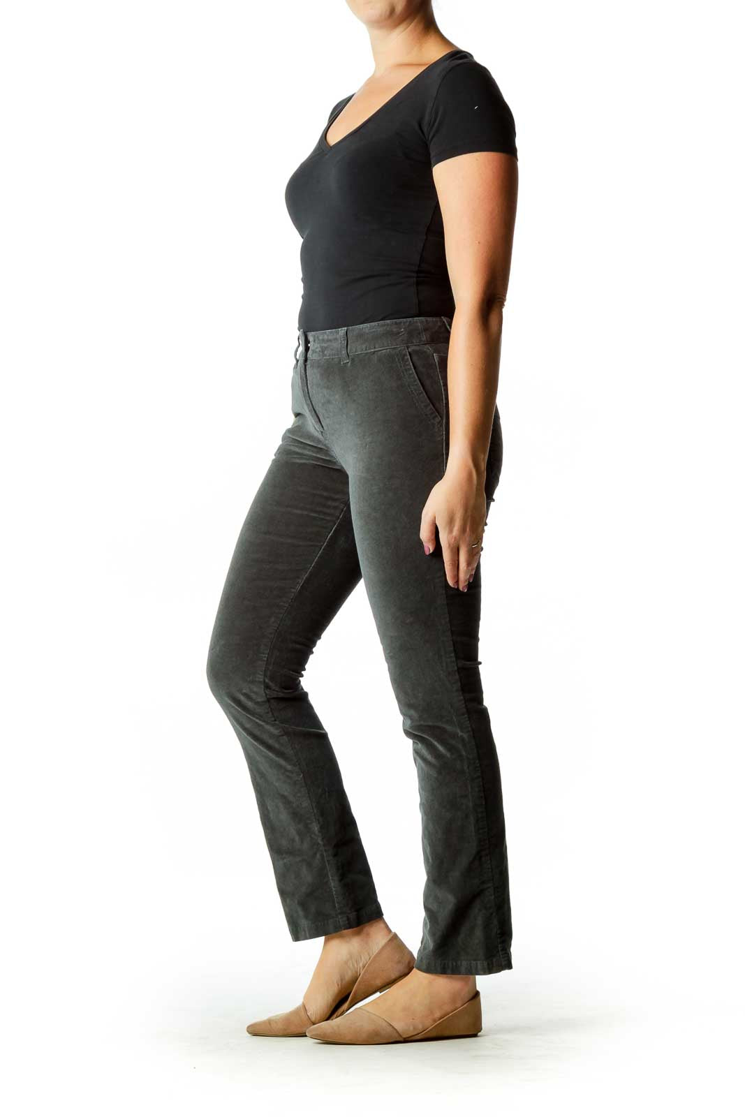 Gray Velvet Straight-Leg Pants