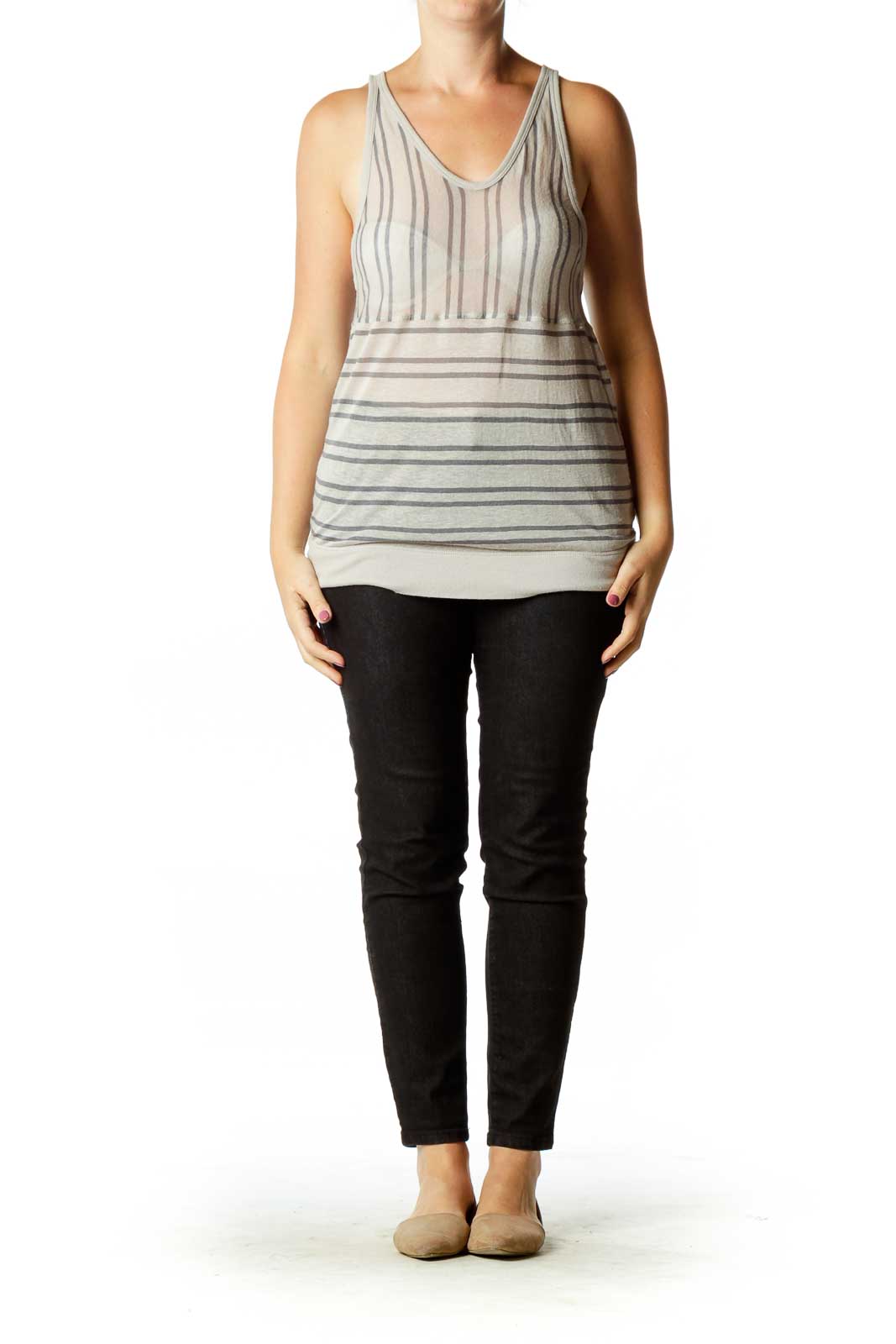 Gray Linen Striped Tank