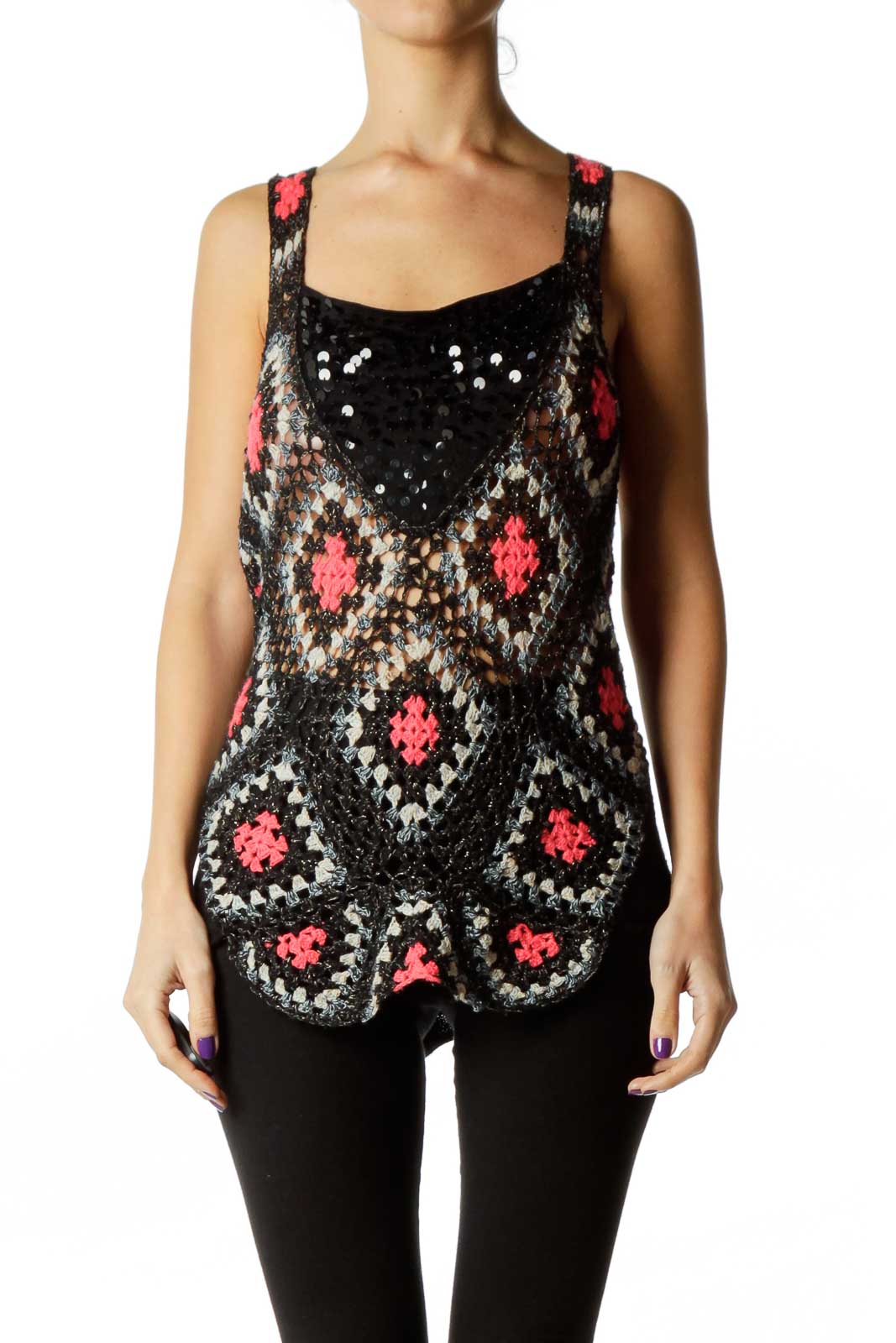 Front view of Free People Black Crochet Sequin Tank Top with diamond pattern