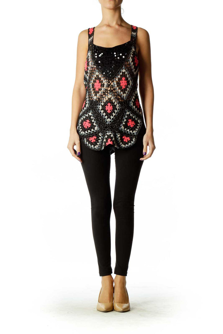 Front view of Free People Black Crochet Sequin Tank Top with diamond pattern