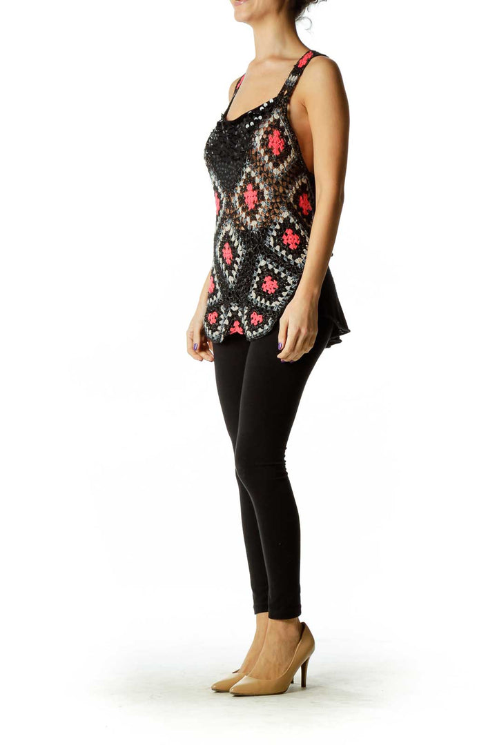 Front view of Free People Black Crochet Sequin Tank Top with diamond pattern