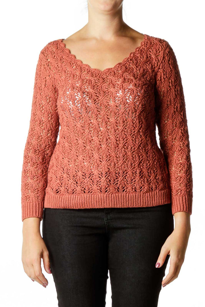 Brown Crocheted Round Neck Knit Top