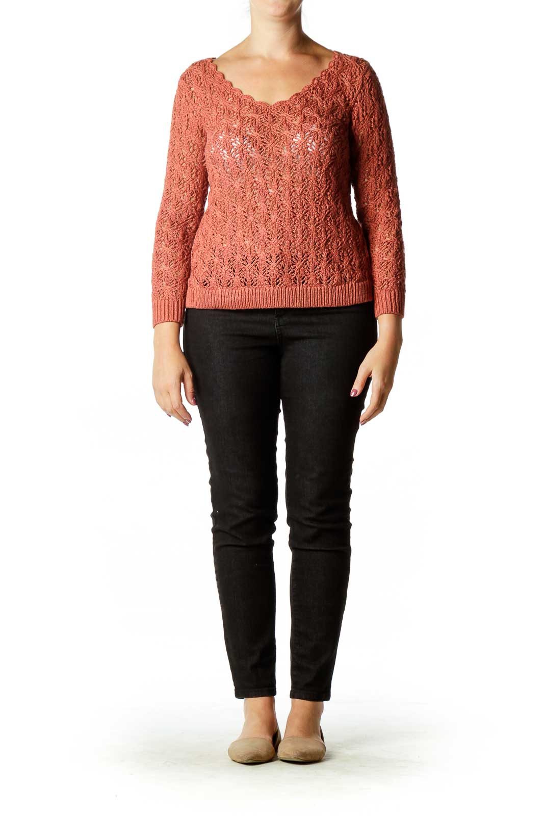 Brown Crocheted Round Neck Knit Top