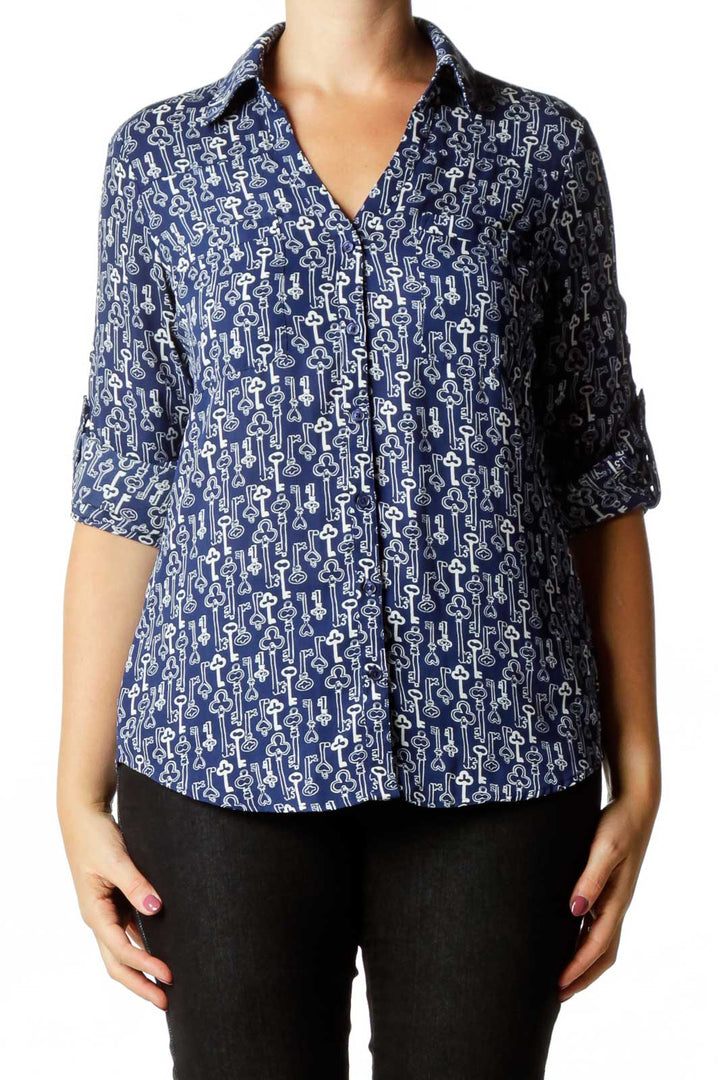 Blue White Key Print Blouse