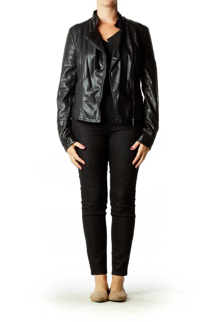 Black Faux-Leather Quilt Detailed Jacket