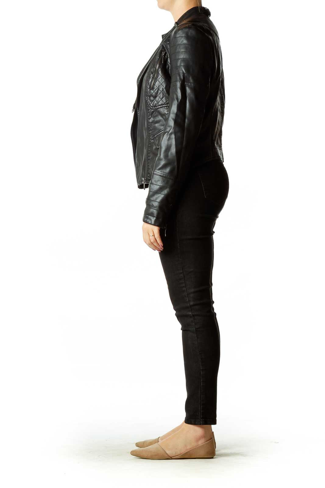 Black Faux-Leather Quilt Detailed Jacket