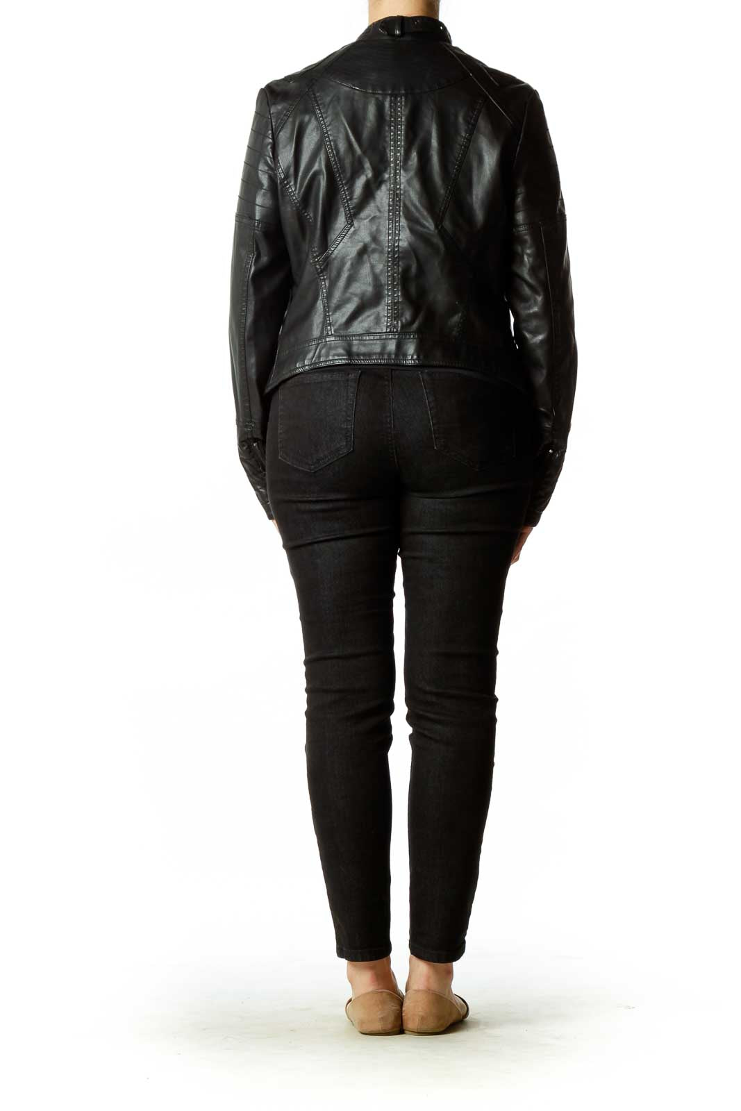 Black Faux-Leather Quilt Detailed Jacket