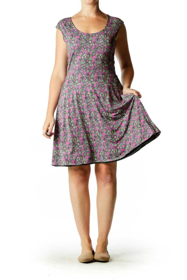 Purple Green Reversible Cactus Print Dress