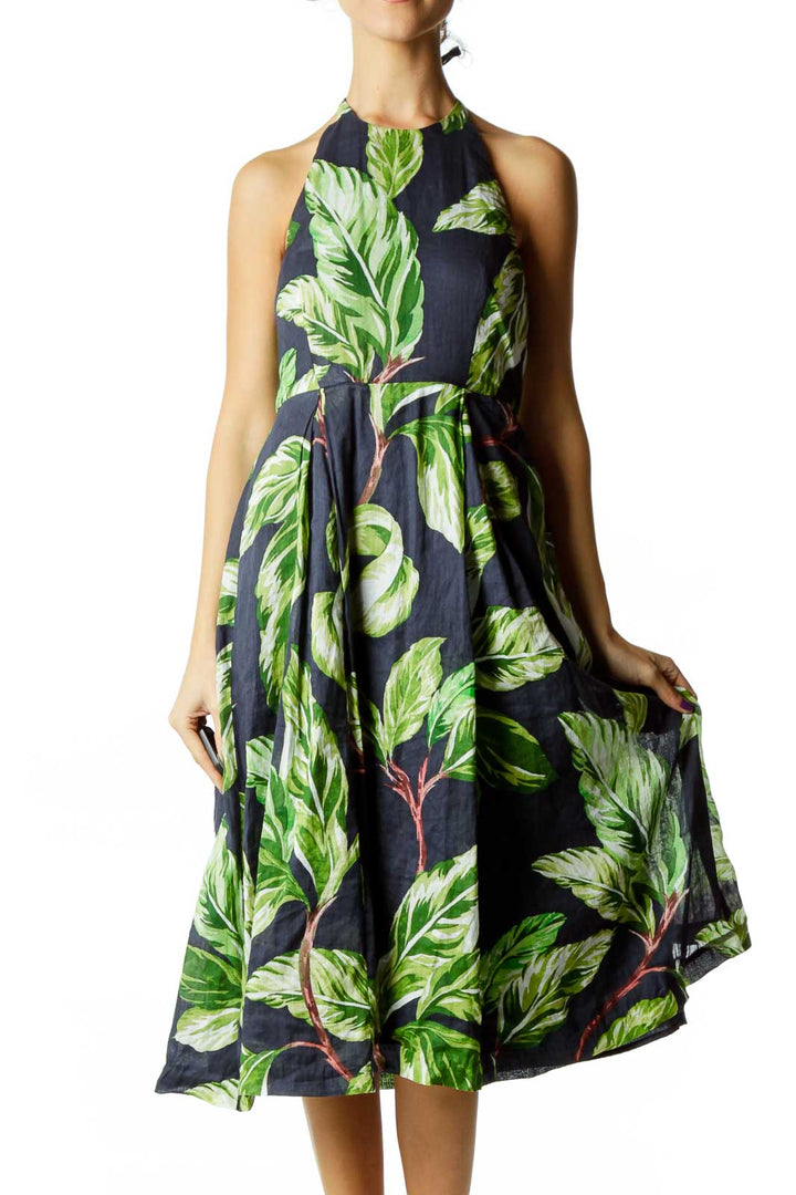 Green Blue Flower Print Halter Dress