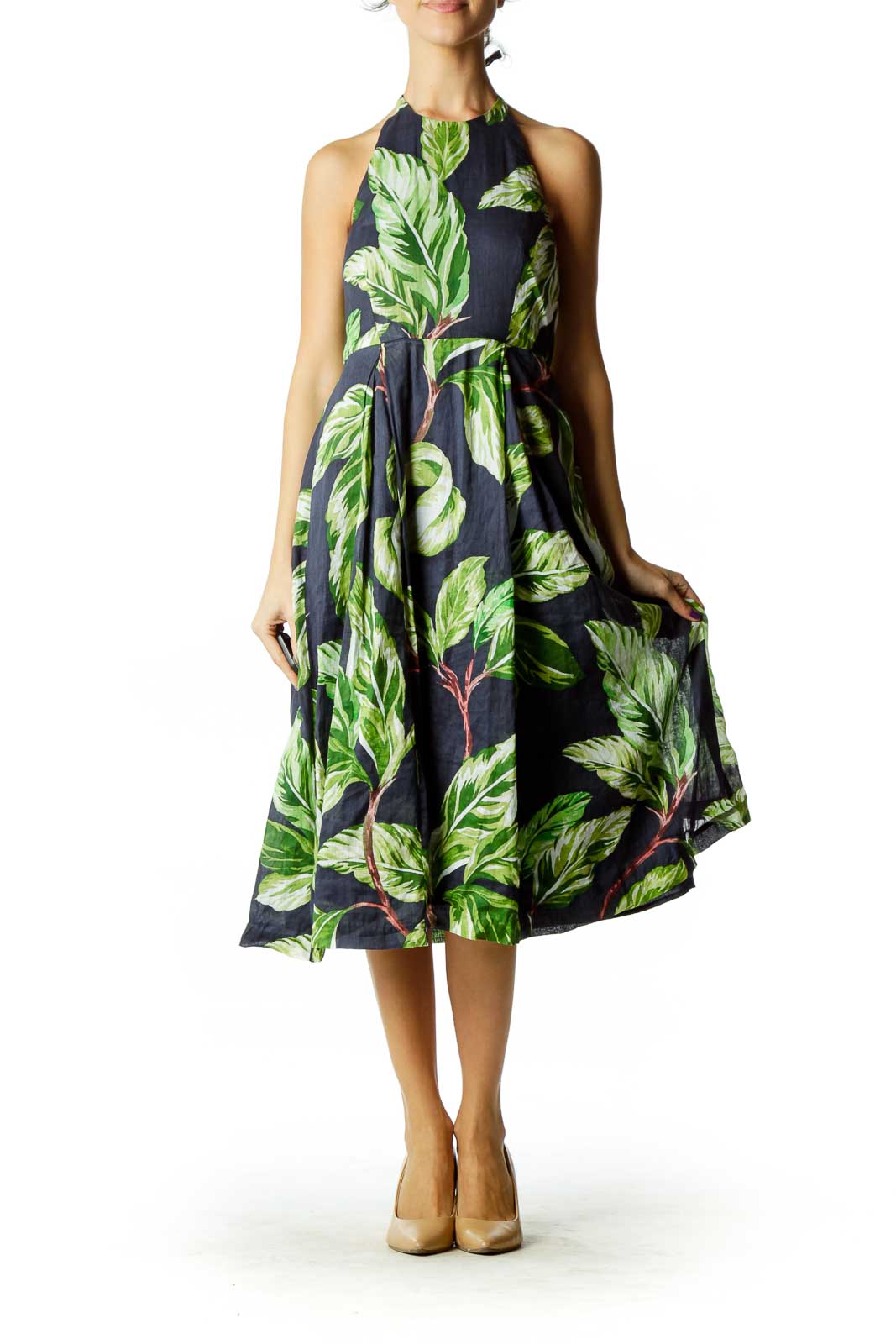 Green Blue Flower Print Halter Dress