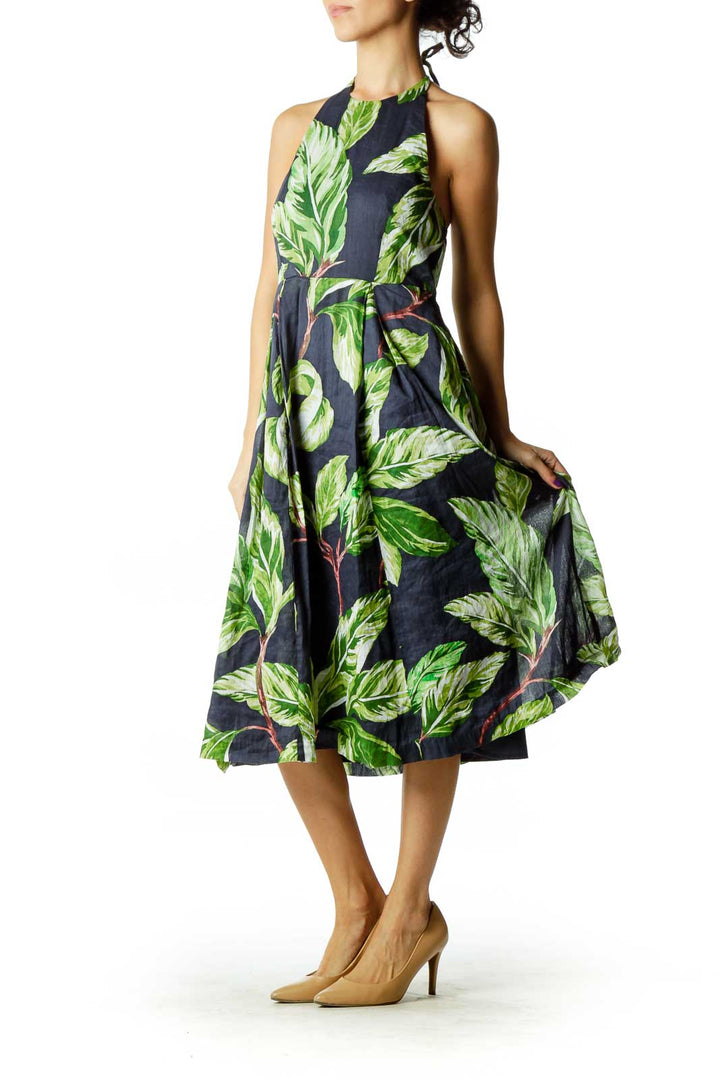 Green Blue Flower Print Halter Dress