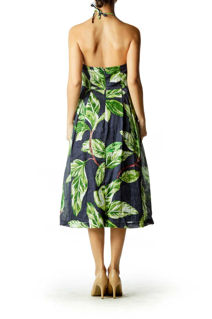 Green Blue Flower Print Halter Dress