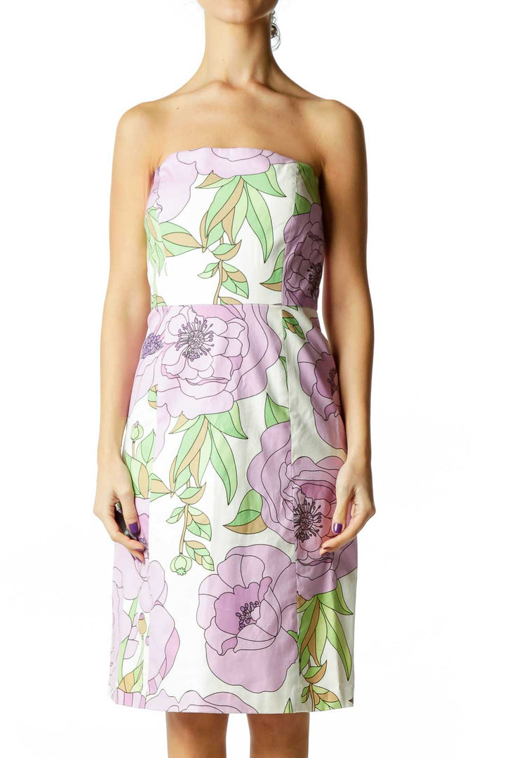 Purple White Flower Strapless Dress