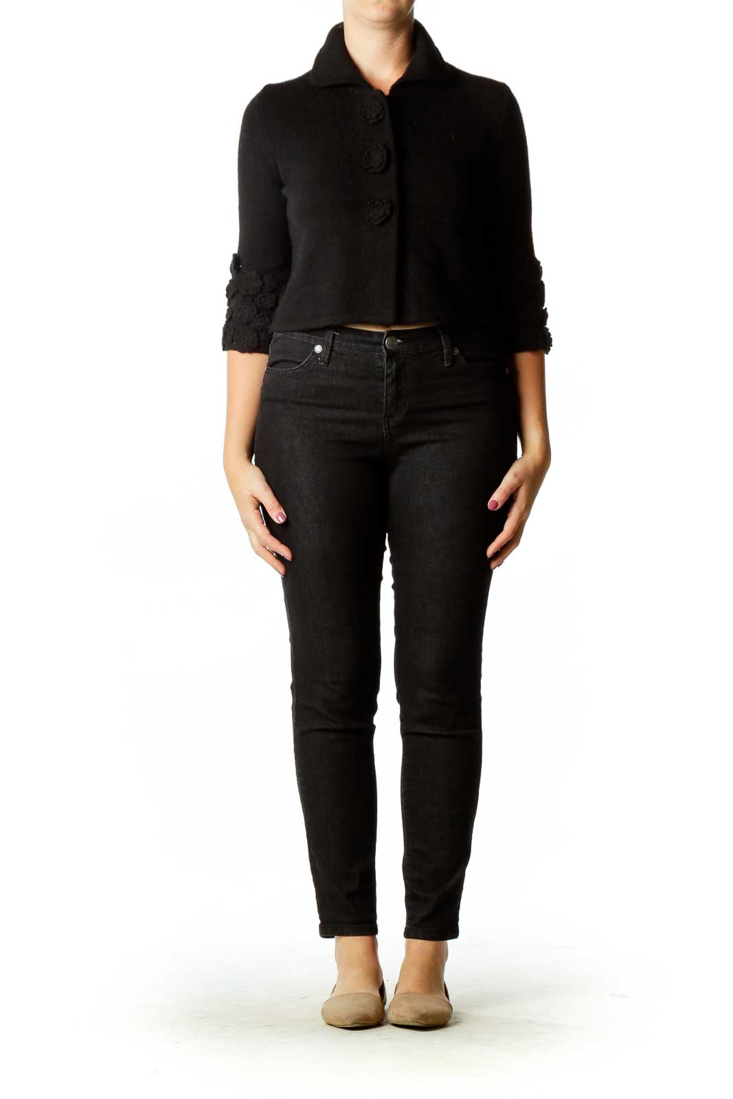 Black Flower Cropped Cashmere Cardigan